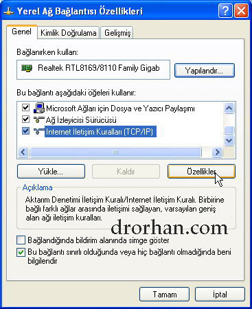 yerel ağ bağlantısı özellikleri