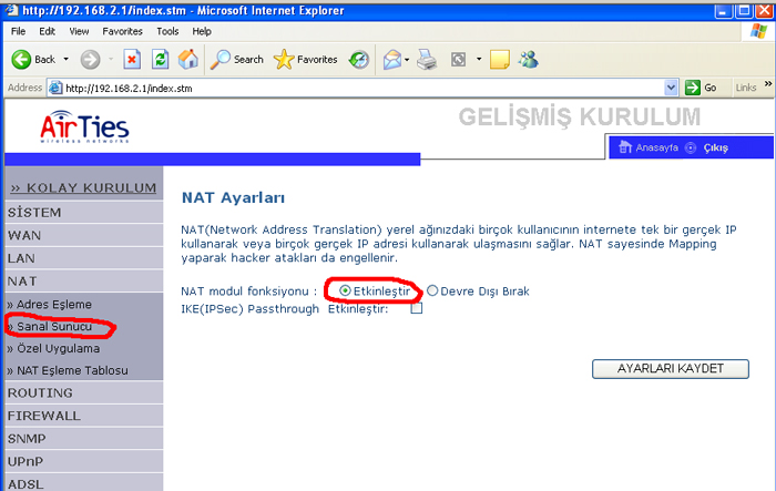 airties rt101 sanal sunucu