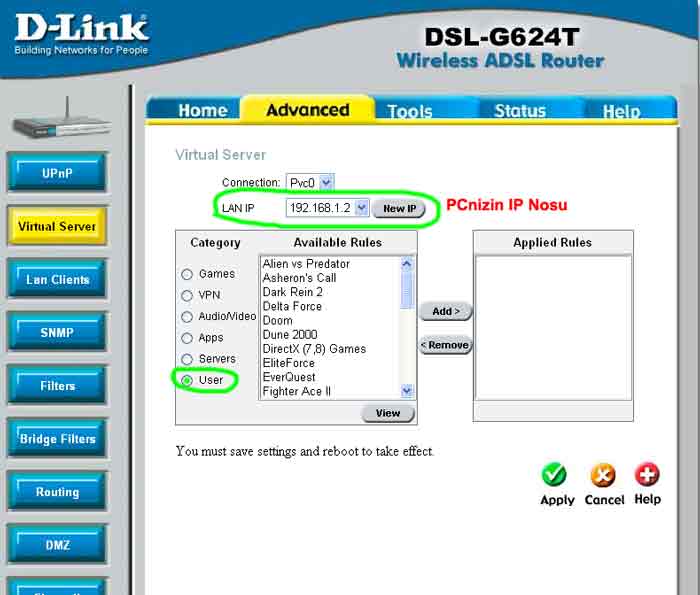 d link604 virtualserver