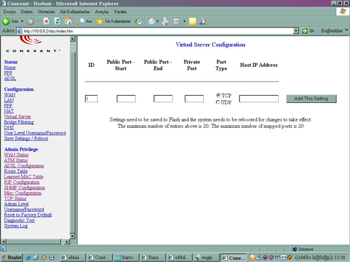 speedtouch580i 585i conexant virtulaserver 0
